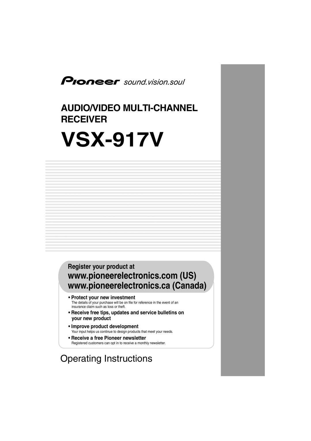 Pioneer VSX-917V manual Audio/Video Multi-Channel Receiver, Operating Instructions, Register your product at 