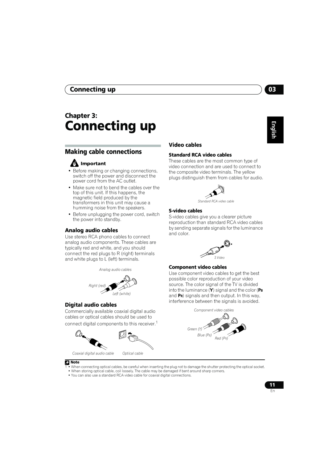 Pioneer VSX-917V manual Connecting up Chapter, Making cable connections, Video cables, Analog audio cables, English 