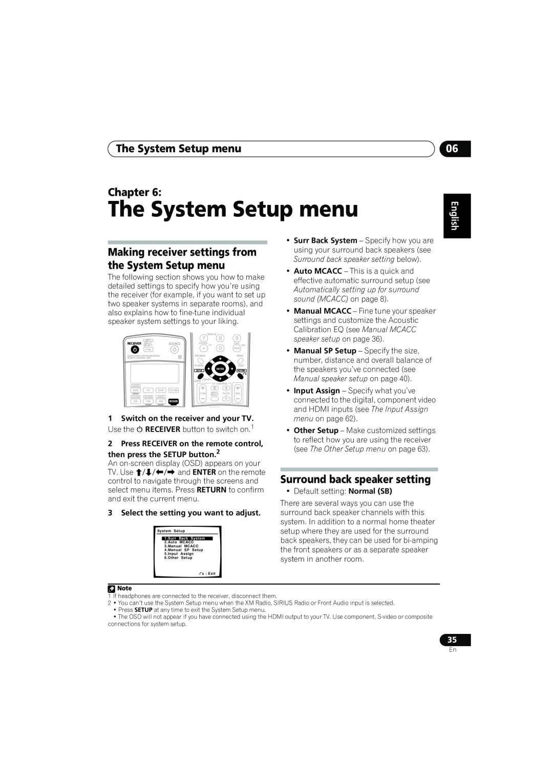 Pioneer VSX-917V manual The System Setup menu Chapter, Surround back speaker setting, English 