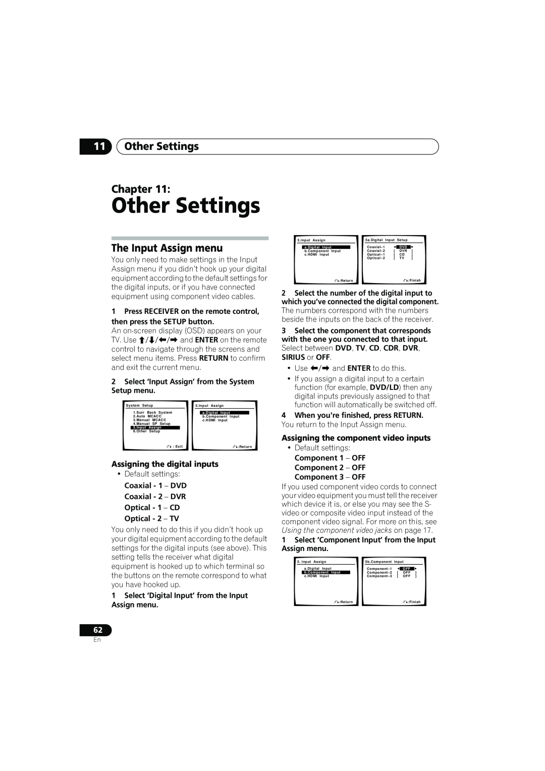 Pioneer VSX-917V manual 11Other Settings Chapter, The Input Assign menu, Assigning the digital inputs 