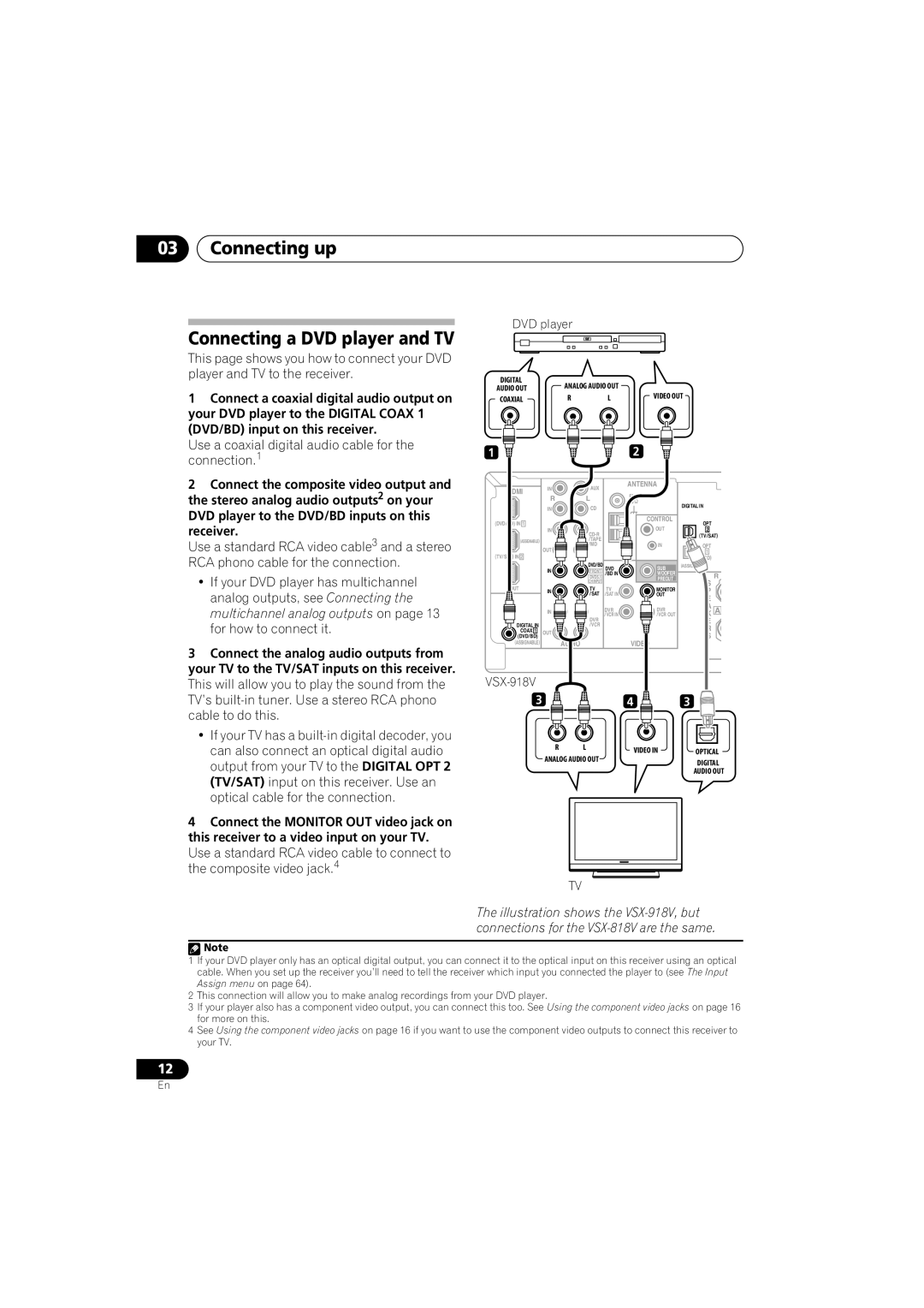 Pioneer VSX-918V-K Connecting up Connecting a DVD player and TV, Use a coaxial digital audio cable for the connection.1 