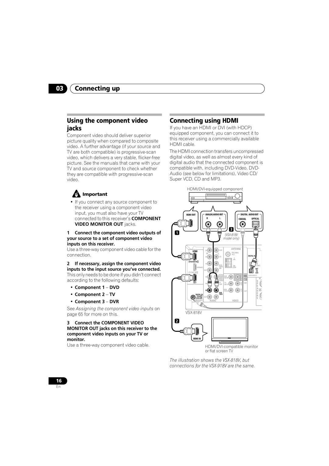 Pioneer VSX-918V-K, VSX-818V-K manual Connecting up Using the component video jacks, Connecting using Hdmi 