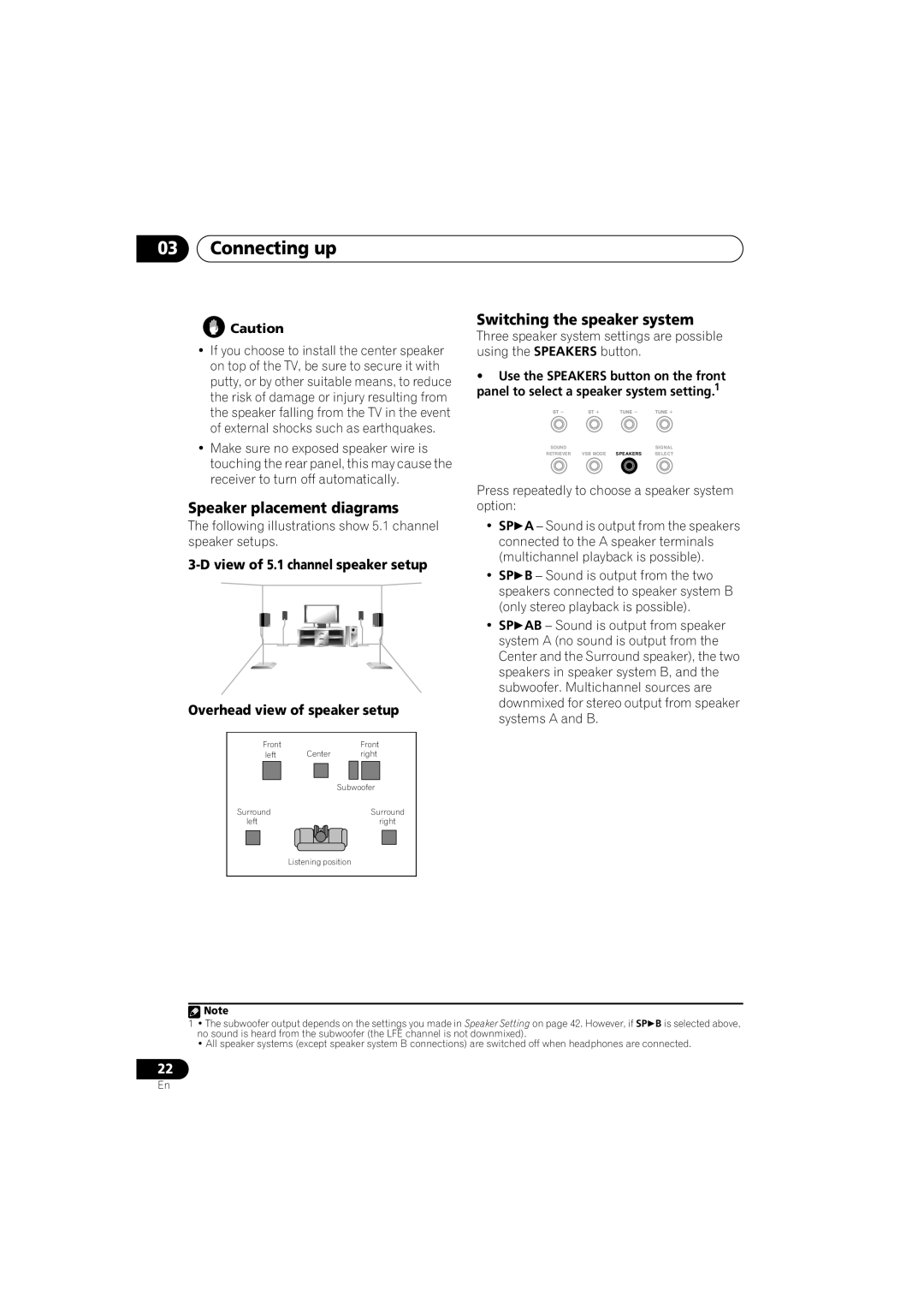 Pioneer VSX-918V-K, VSX-818V-K manual Speaker placement diagrams, Switching the speaker system 