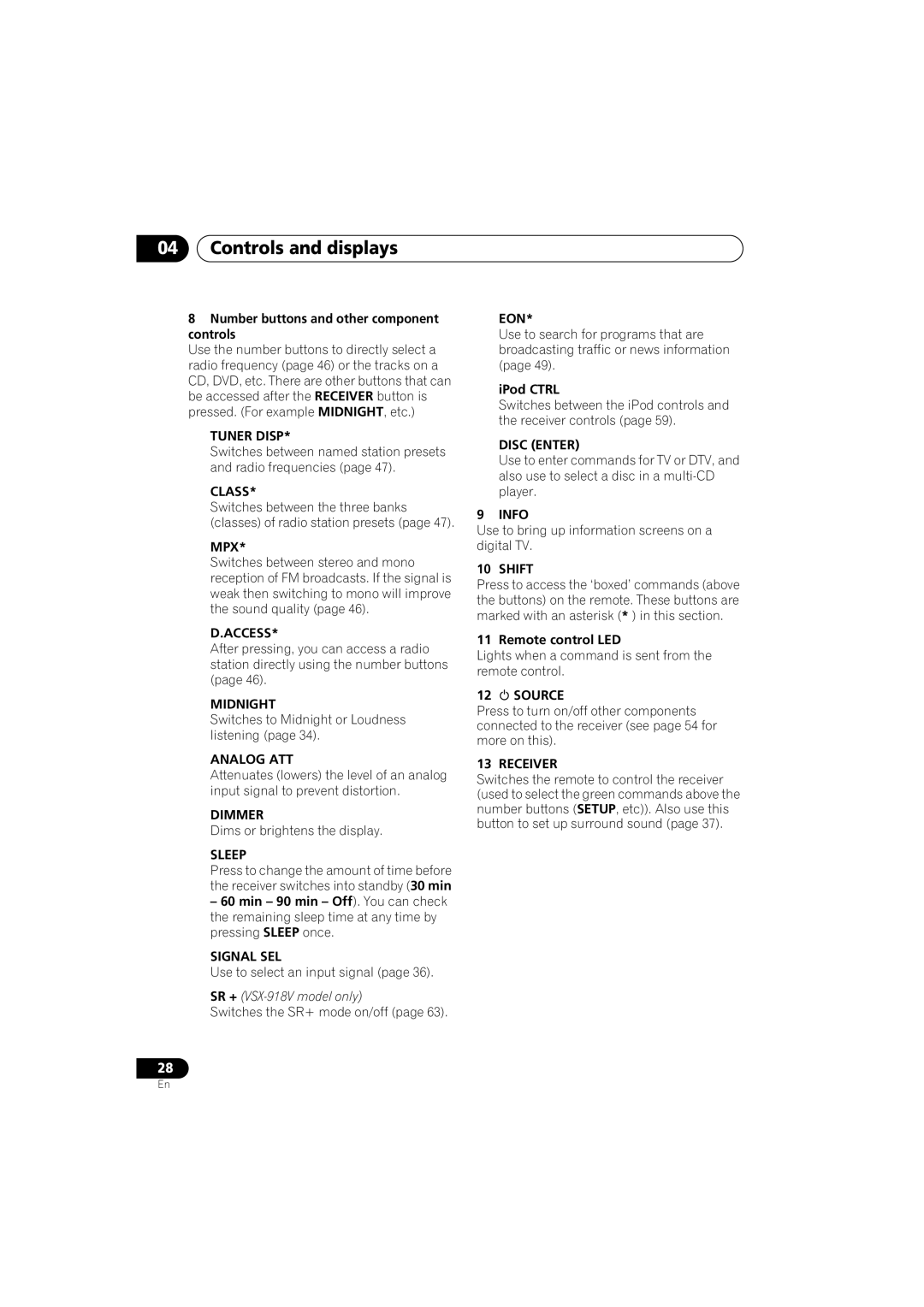 Pioneer VSX-918V-K manual Tuner Disp, Class, Mpx, Access, Analog ATT, Dimmer, Signal SEL, Disc Enter, Info, Shift, Source 