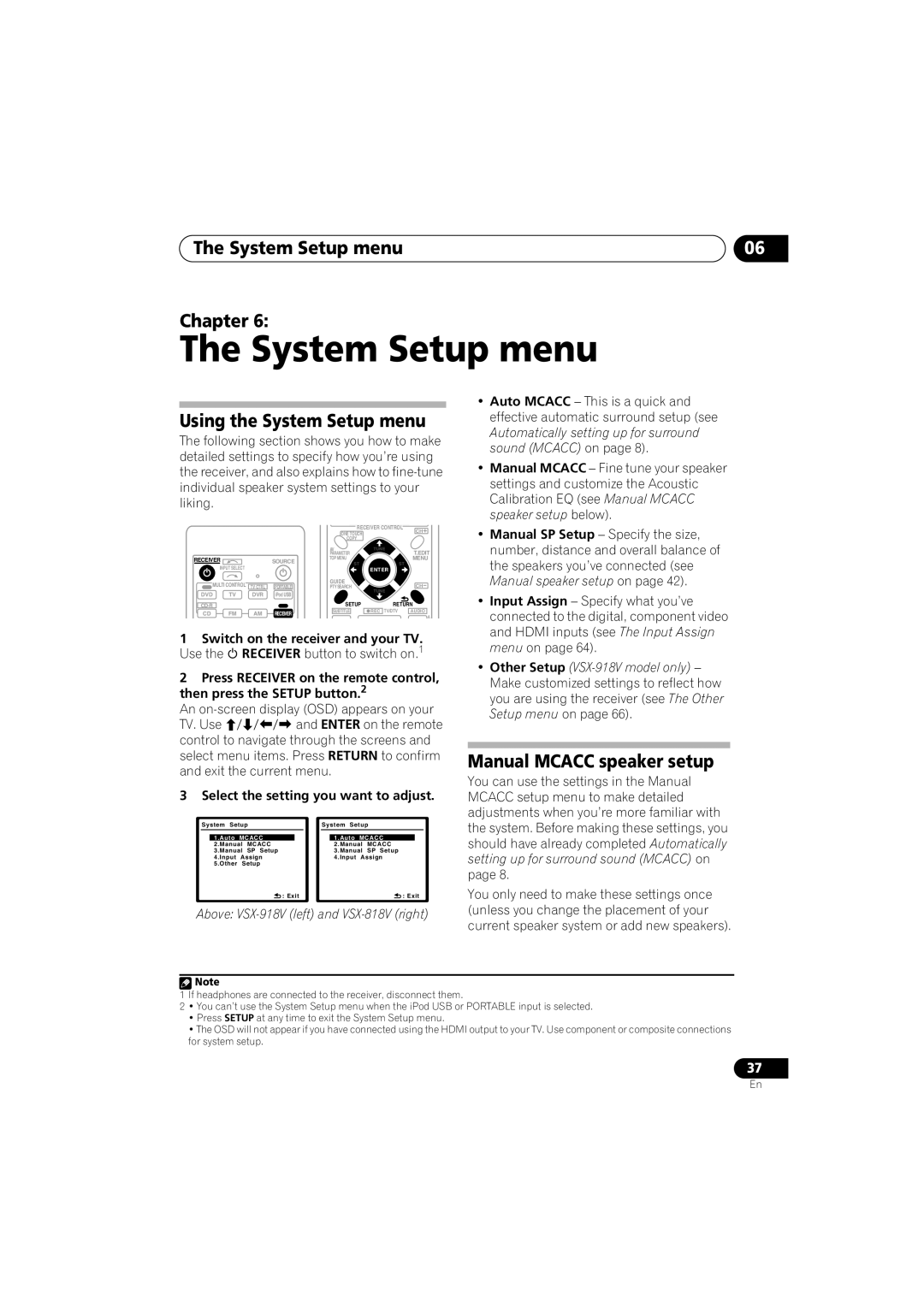 Pioneer VSX-818V-K, VSX-918V-K manual System Setup menu Chapter, Using the System Setup menu, Manual Mcacc speaker setup 