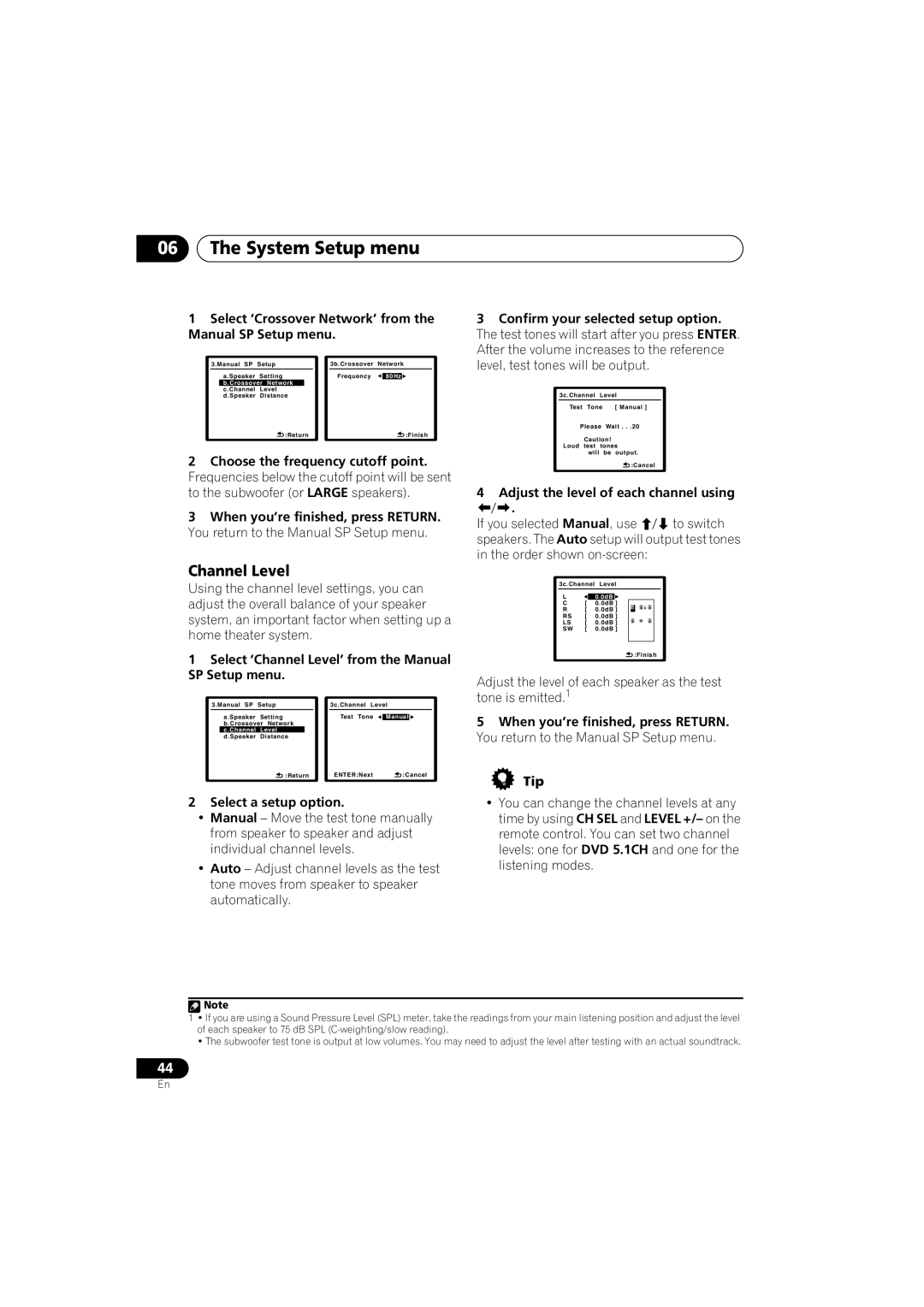 Pioneer VSX-918V-K manual Channel Level, Select ‘Crossover Network’ from the Manual SP Setup menu, Select a setup option 