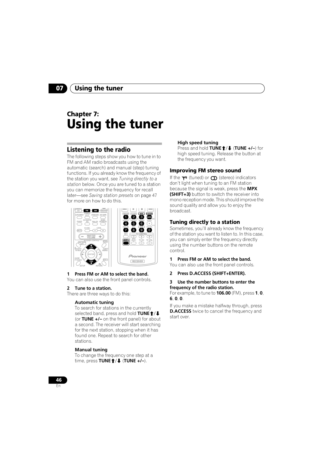 Pioneer VSX-918V-K, VSX-818V-K manual Using the tuner Chapter, Listening to the radio, Improving FM stereo sound 