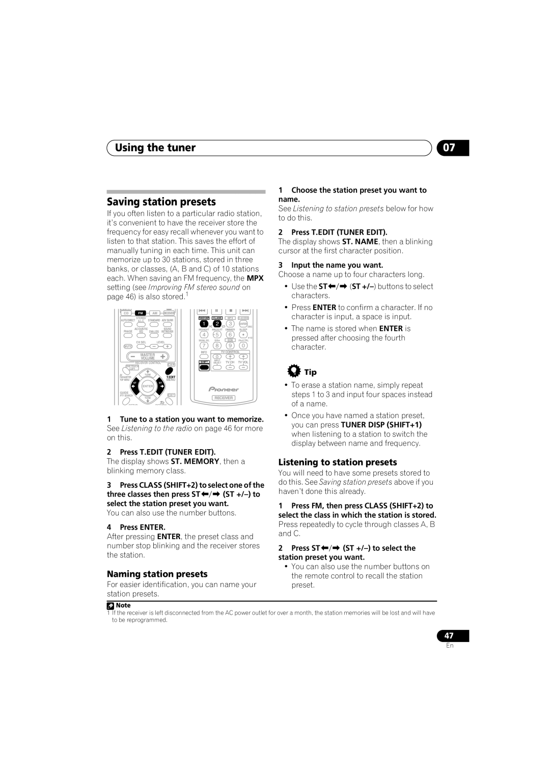 Pioneer VSX-818V-K manual Using the tuner Saving station presets, Naming station presets, Listening to station presets 