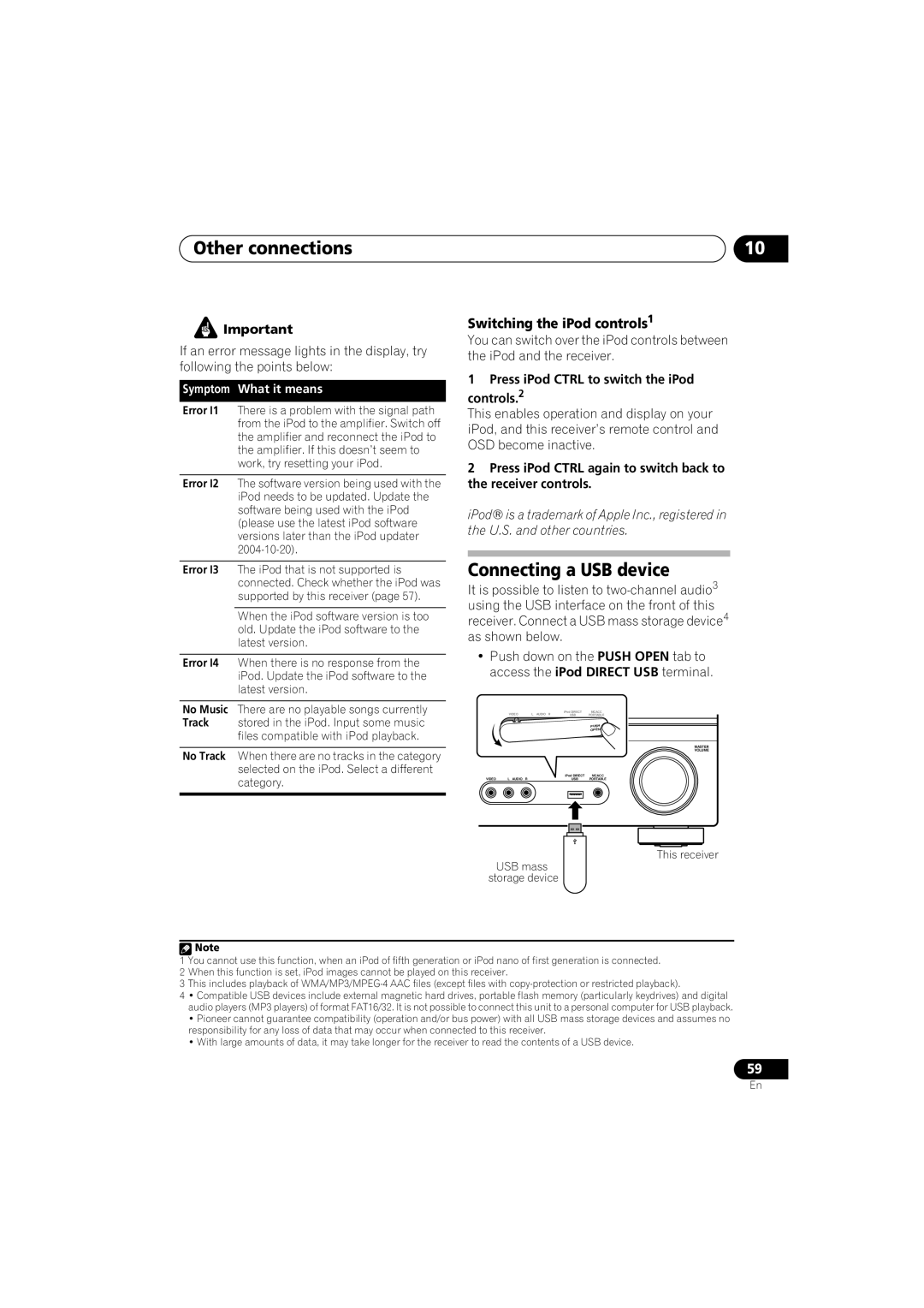 Pioneer VSX-818V-K, VSX-918V-K manual Connecting a USB device, Switching the iPod controls1, Symptom What it means 