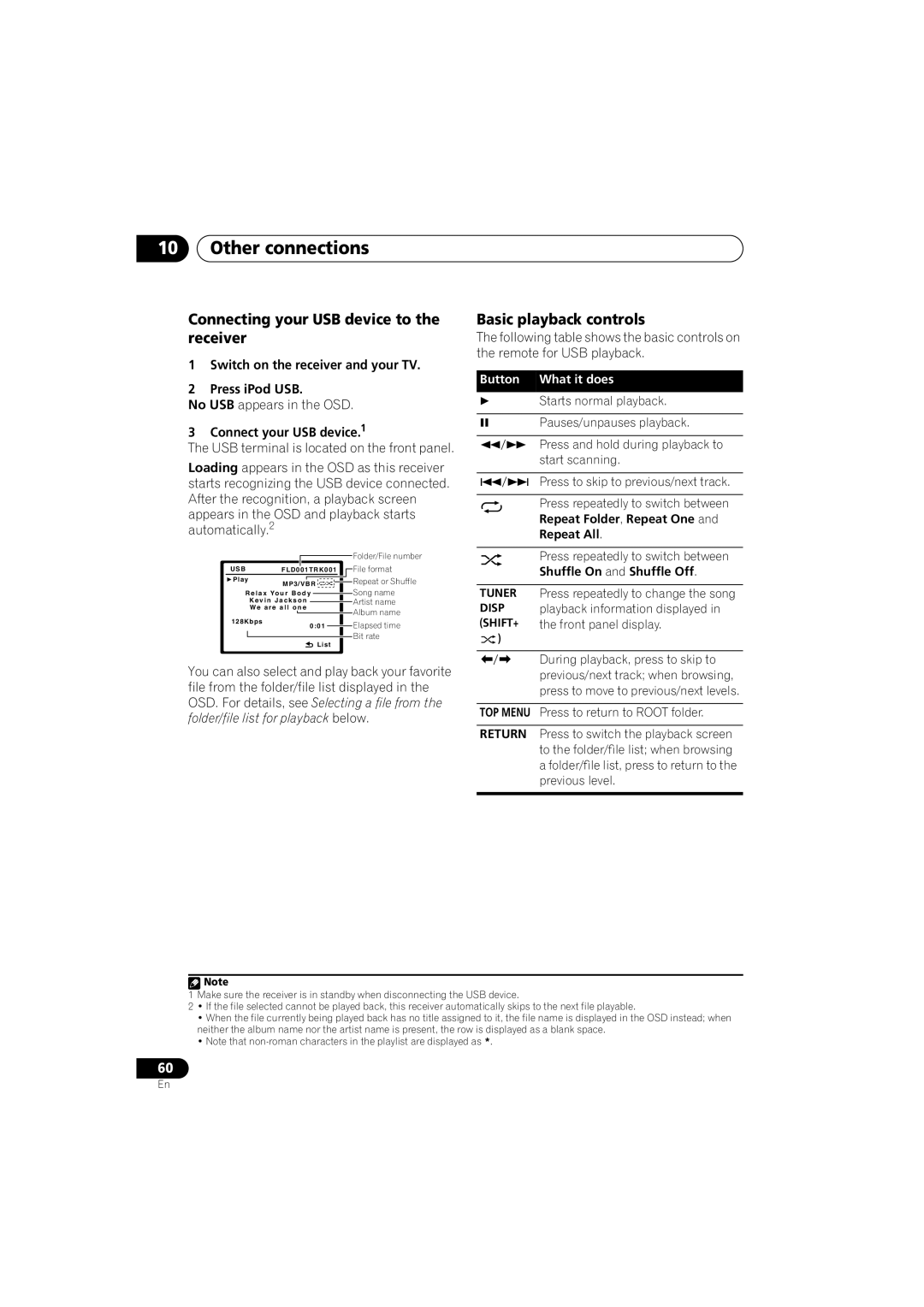 Pioneer VSX-918V-K, VSX-818V-K manual Connecting your USB device to the receiver, Basic playback controls 