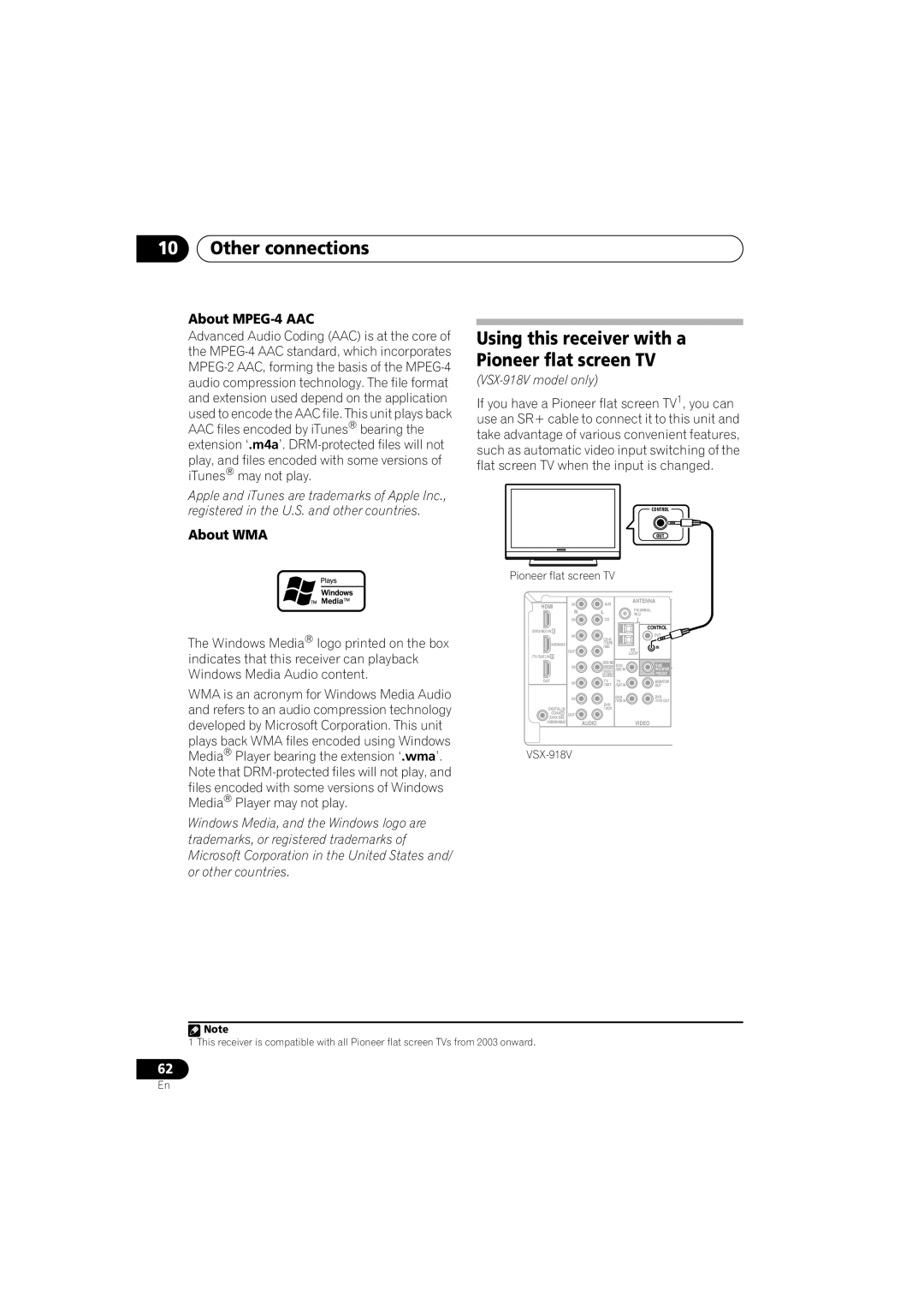 Pioneer VSX-918V-K, VSX-818V-K manual Using this receiver with a Pioneer flat screen TV, About MPEG-4 AAC, About WMA 