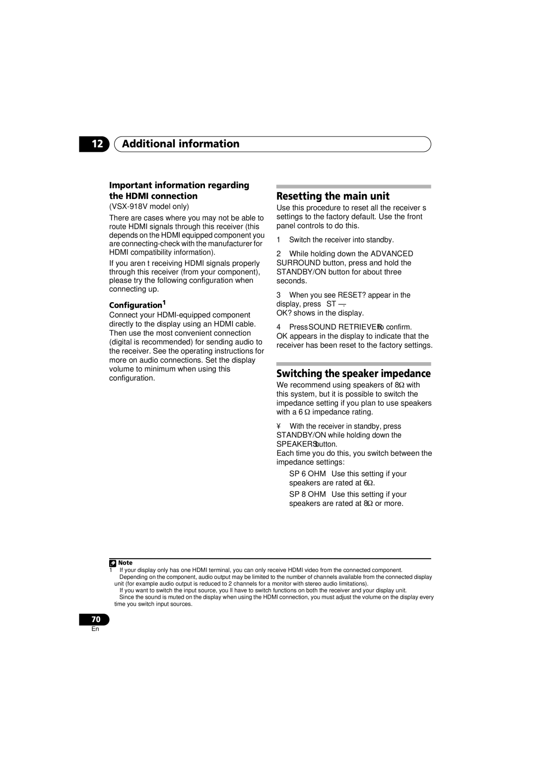 Pioneer VSX-918V-K Resetting the main unit, Switching the speaker impedance, Configuration1, OK? shows in the display 