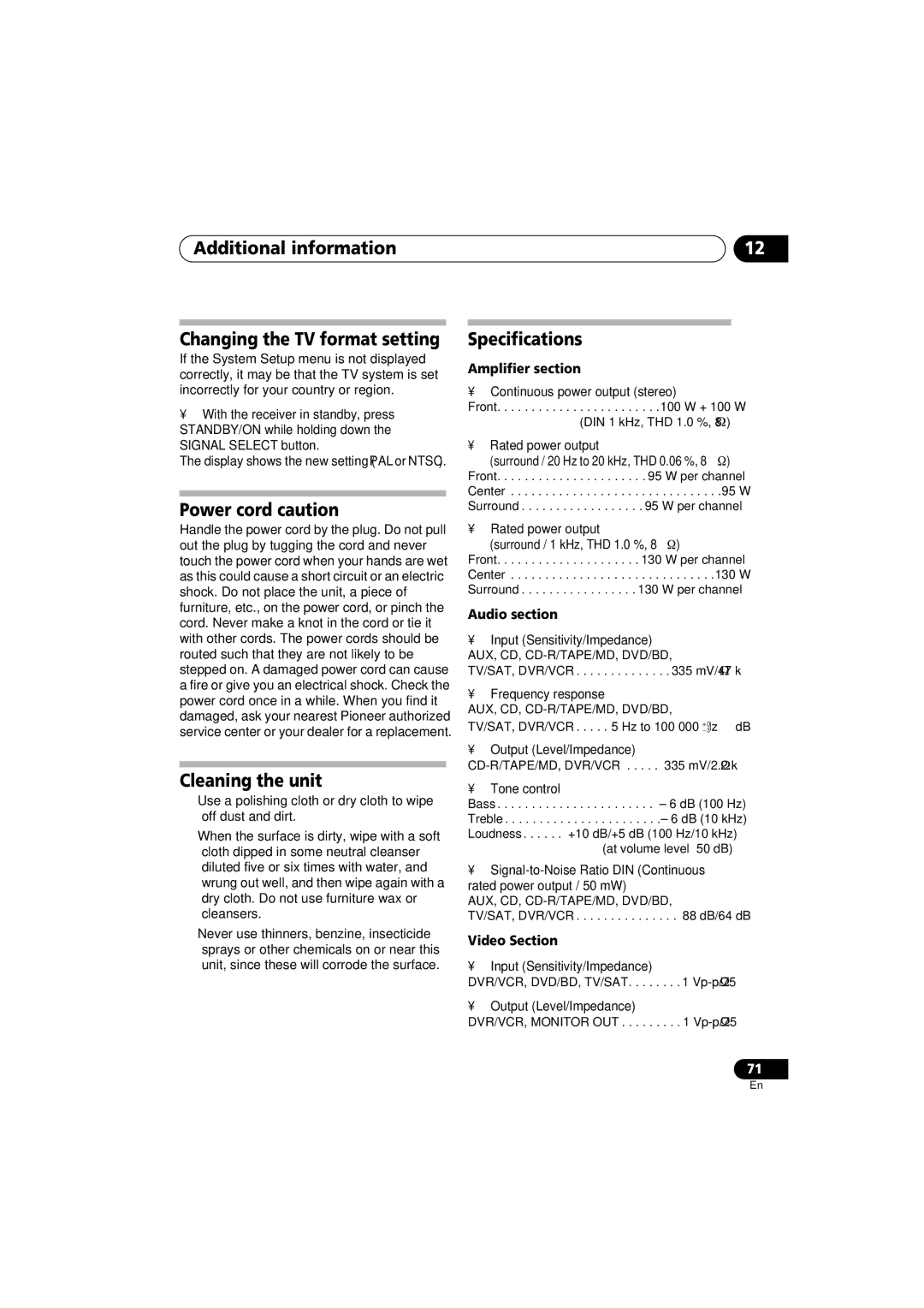 Pioneer VSX-818V-K manual Additional information Changing the TV format setting, Power cord caution, Cleaning the unit 