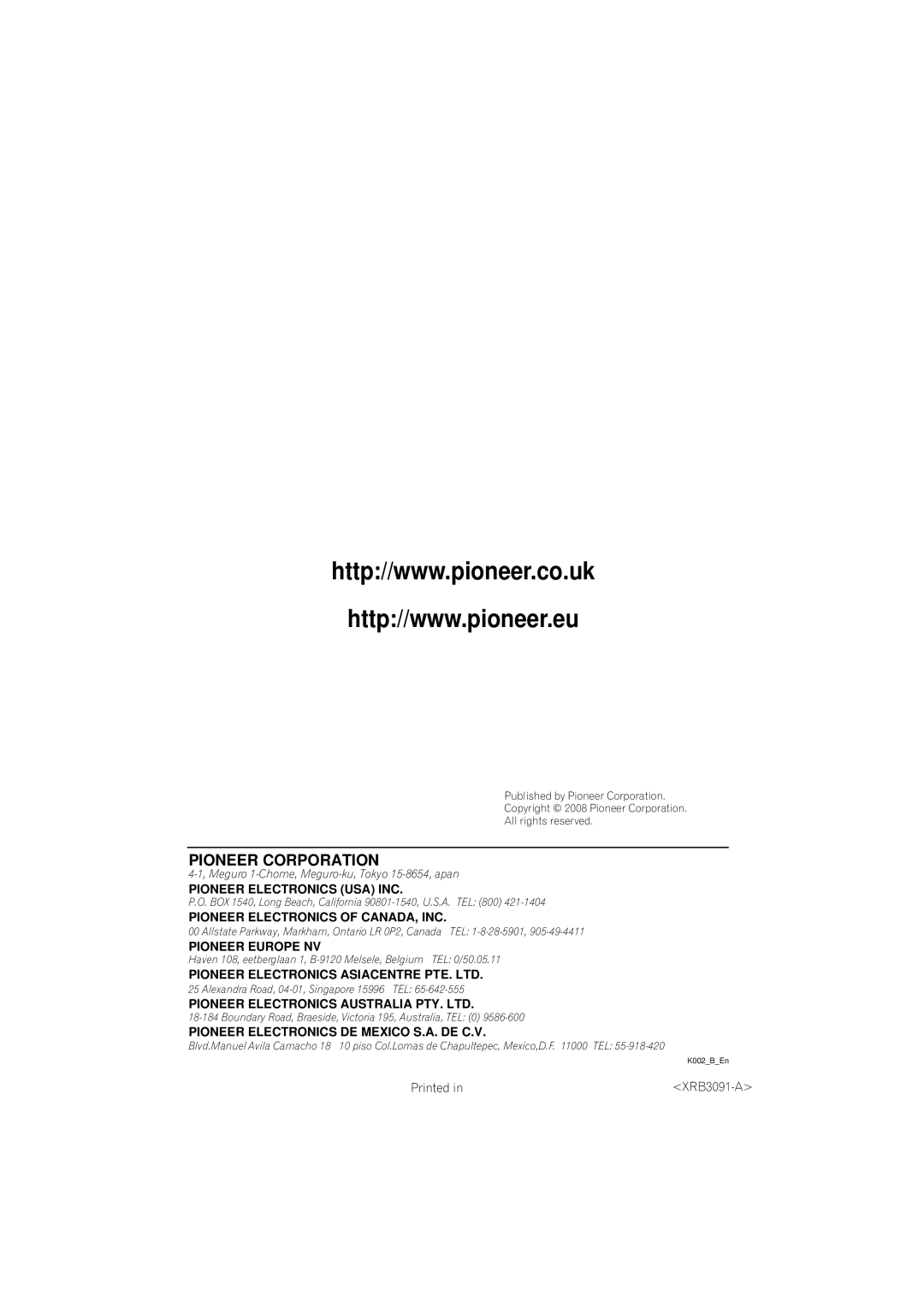 Pioneer VSX-818V-K, VSX-918V-K manual Pioneer Corporation, Printed XRB3091-A 