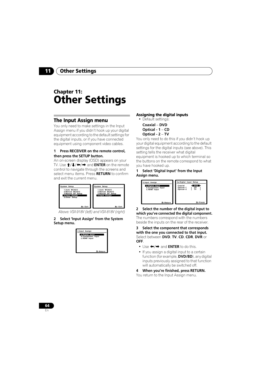 Pioneer VSX-918V-K, VSX-818V-K manual 11Other Settings Chapter, The Input Assign menu, Assigning the digital inputs 