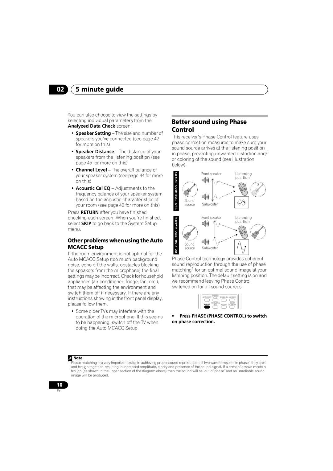 Pioneer VSX-918V, VSX-818V Better sound using Phase Control, Other problems when using the Auto Mcacc Setup 