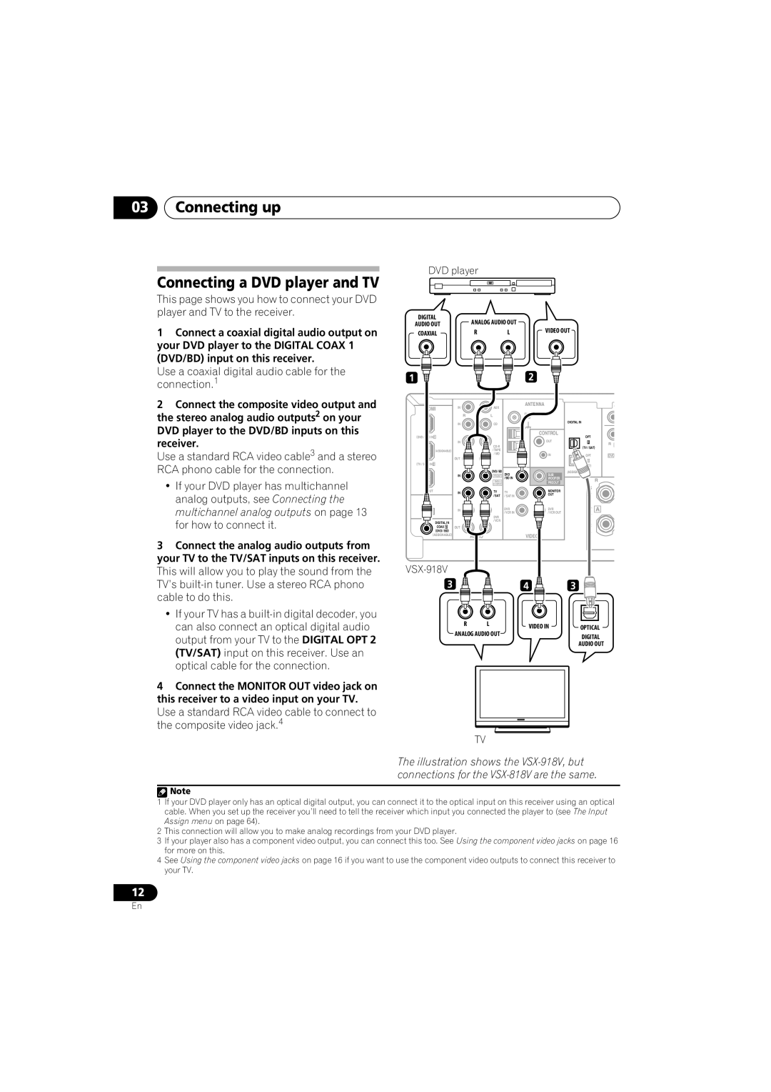 Pioneer VSX-918V, VSX-818V operating instructions Connecting up Connecting a DVD player and TV, Receiver 