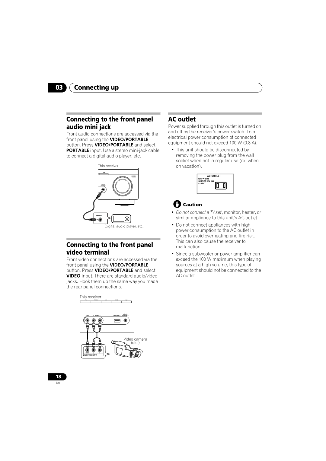 Pioneer VSX-918V, VSX-818V operating instructions Connecting up Connecting to the front panel audio mini jack, AC outlet 