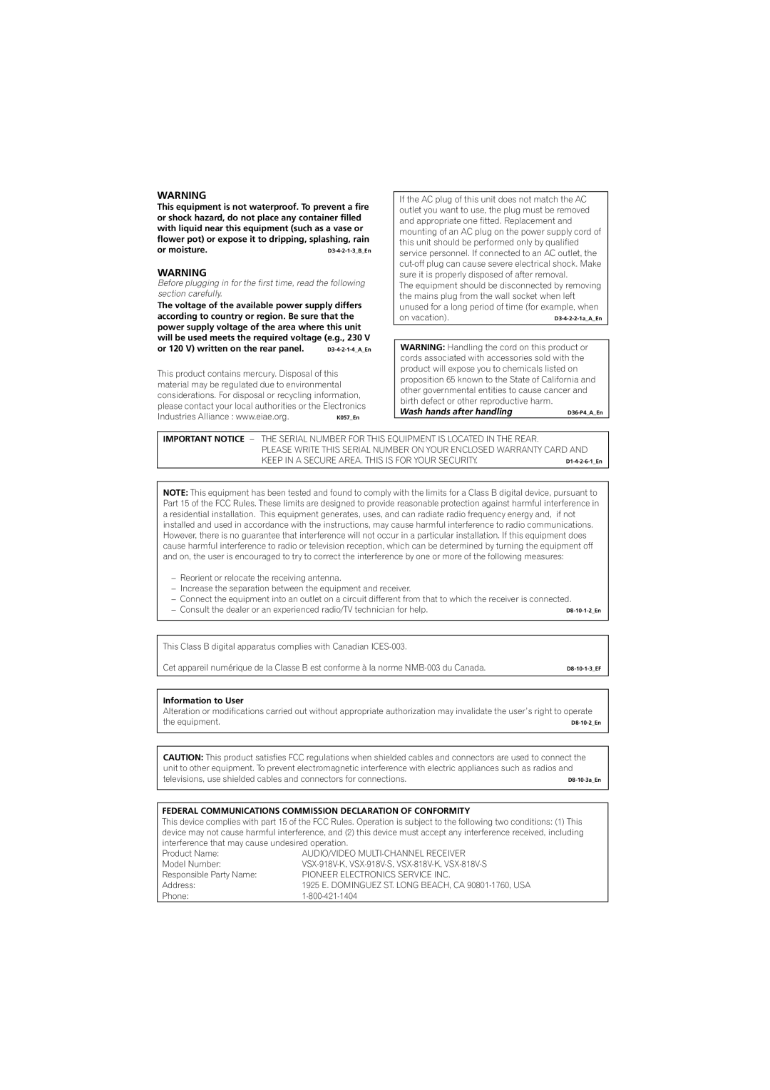 Pioneer VSX-918V, VSX-818V operating instructions Wash hands after handling 