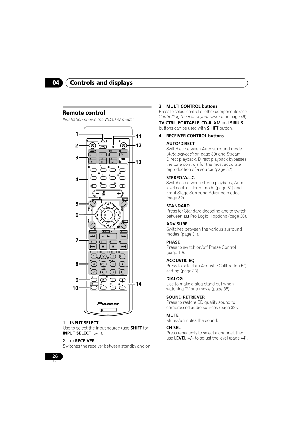 Pioneer VSX-918V, VSX-818V operating instructions Controls and displays Remote control 