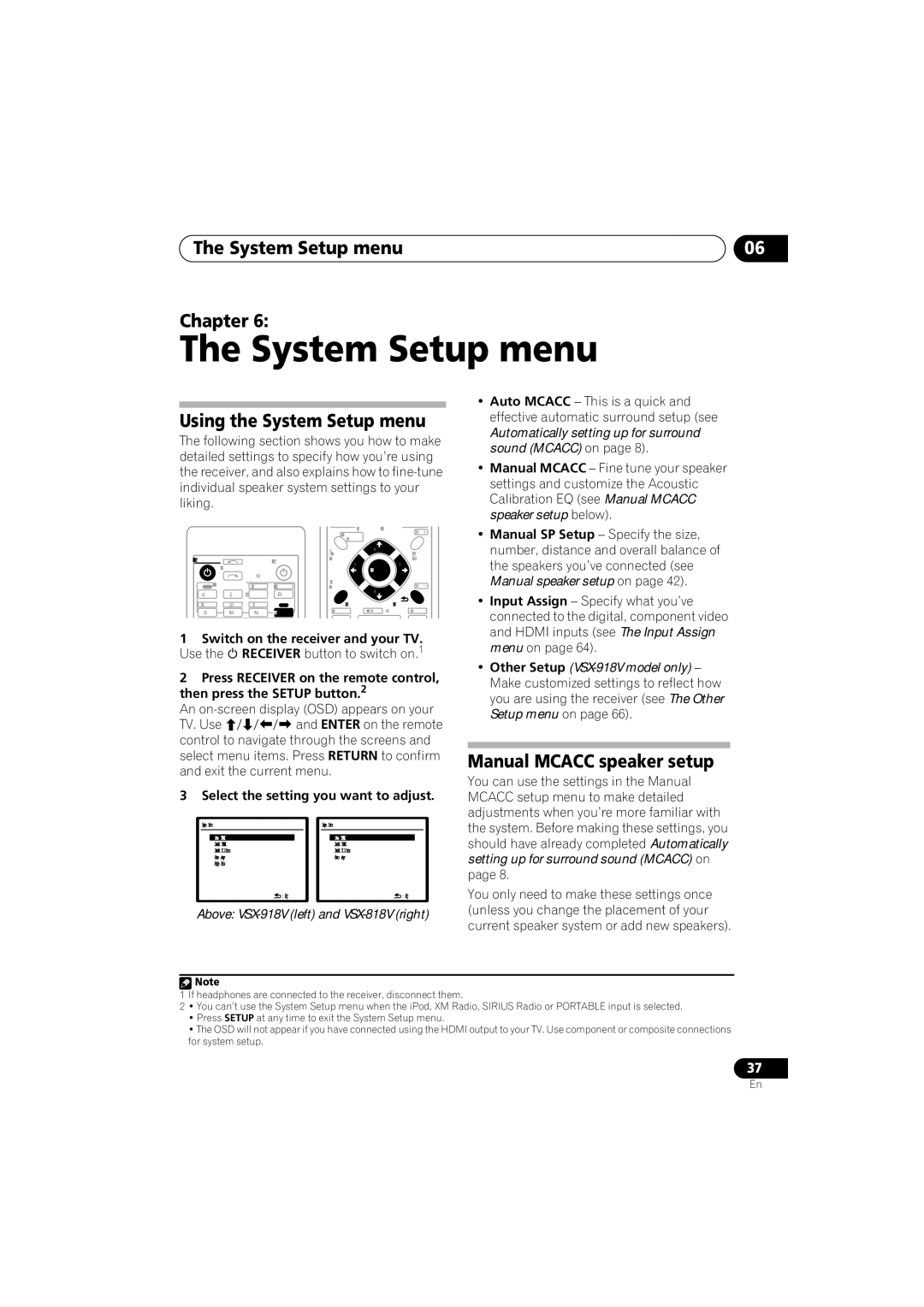 Pioneer VSX-818V, VSX-918V System Setup menu Chapter, Using the System Setup menu, Manual Mcacc speaker setup 