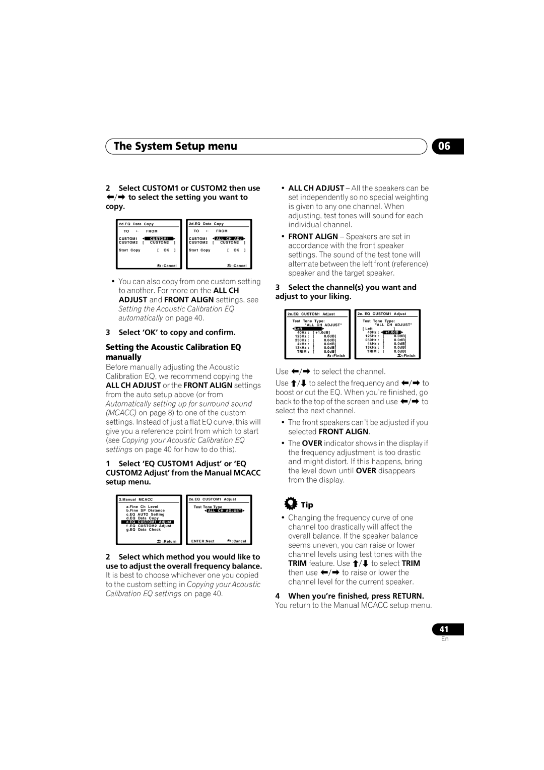 Pioneer VSX-818V, VSX-918V Setting the Acoustic Calibration EQ manually, Select ‘OK’ to copy and confirm, Tip 