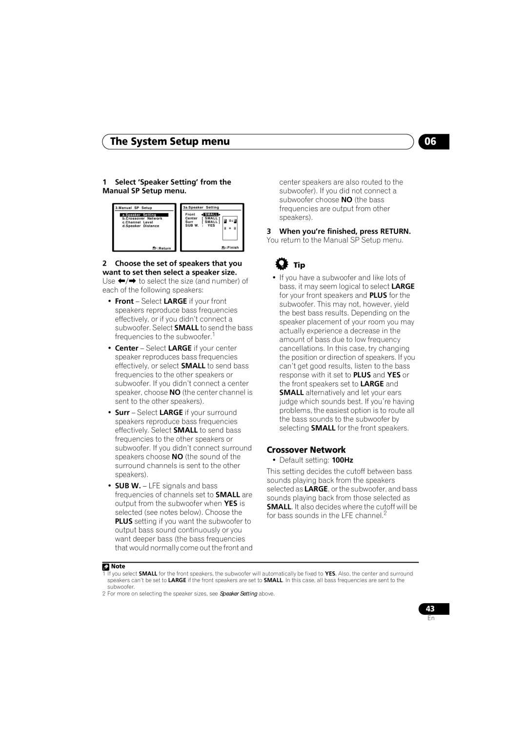 Pioneer VSX-818V, VSX-918V operating instructions Crossover Network, Select ‘Speaker Setting’ from the Manual SP Setup menu 