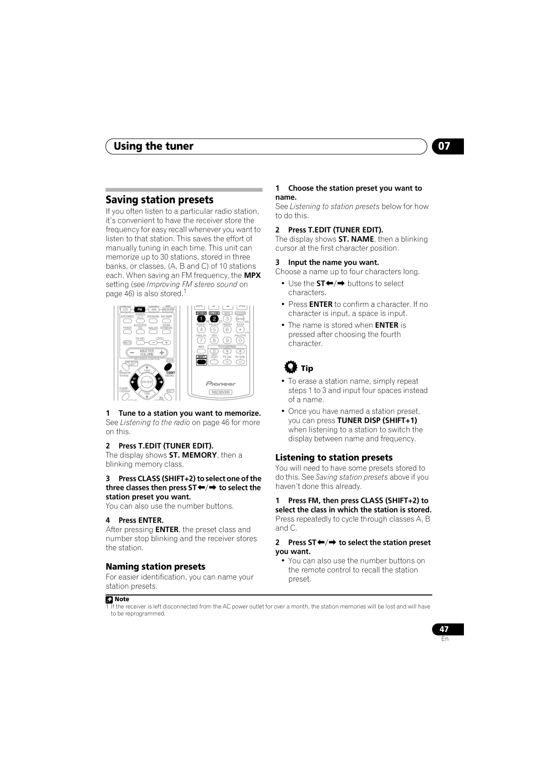 Pioneer VSX-818V, VSX-918V Using the tuner Saving station presets, Listening to station presets, Naming station presets 