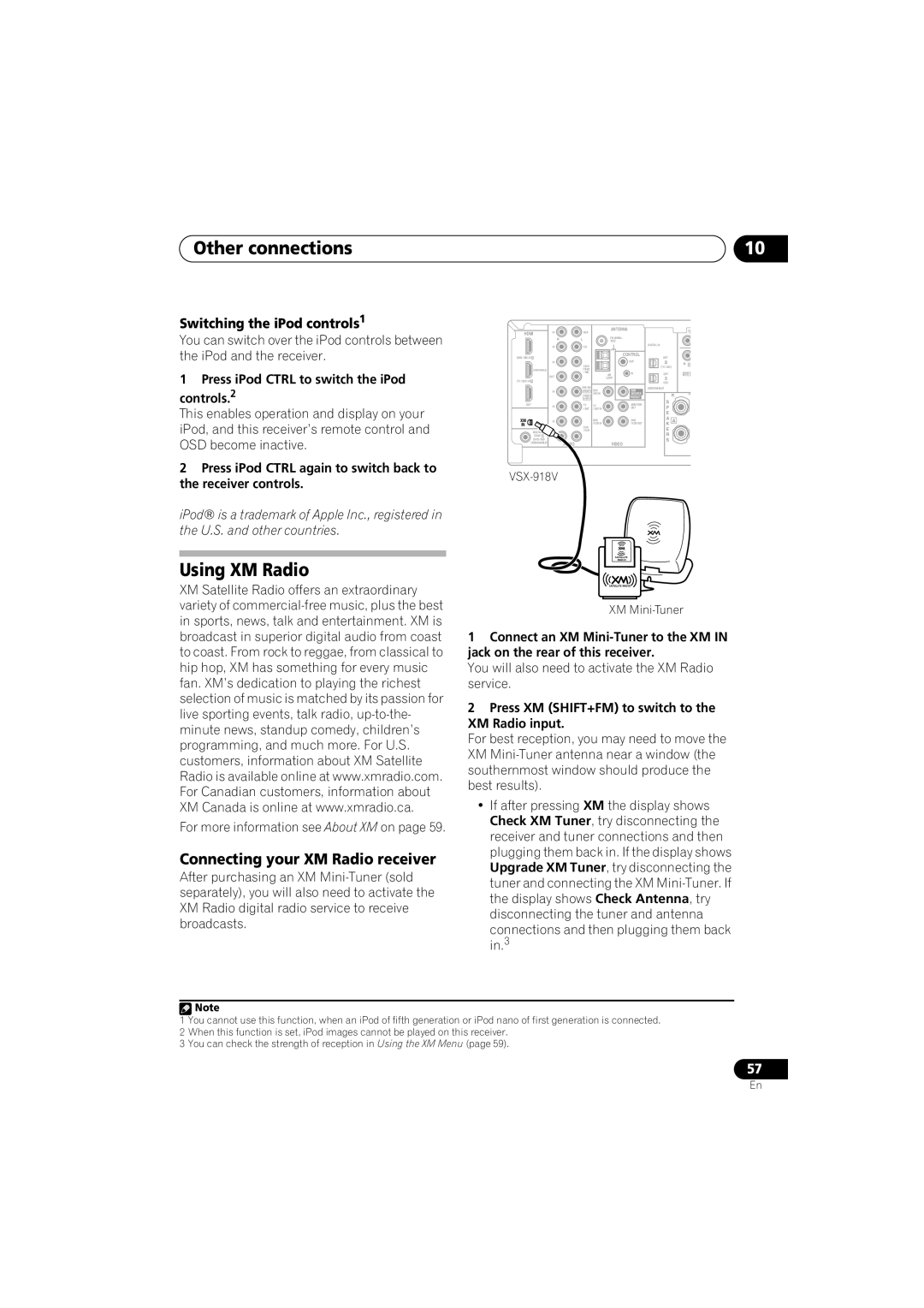 Pioneer VSX-818V, VSX-918V Using XM Radio, Connecting your XM Radio receiver, Switching the iPod controls1 