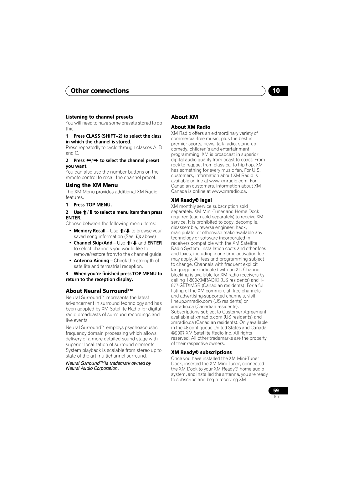 Pioneer VSX-818V, VSX-918V operating instructions Using the XM Menu, About Neural Surround, About XM 