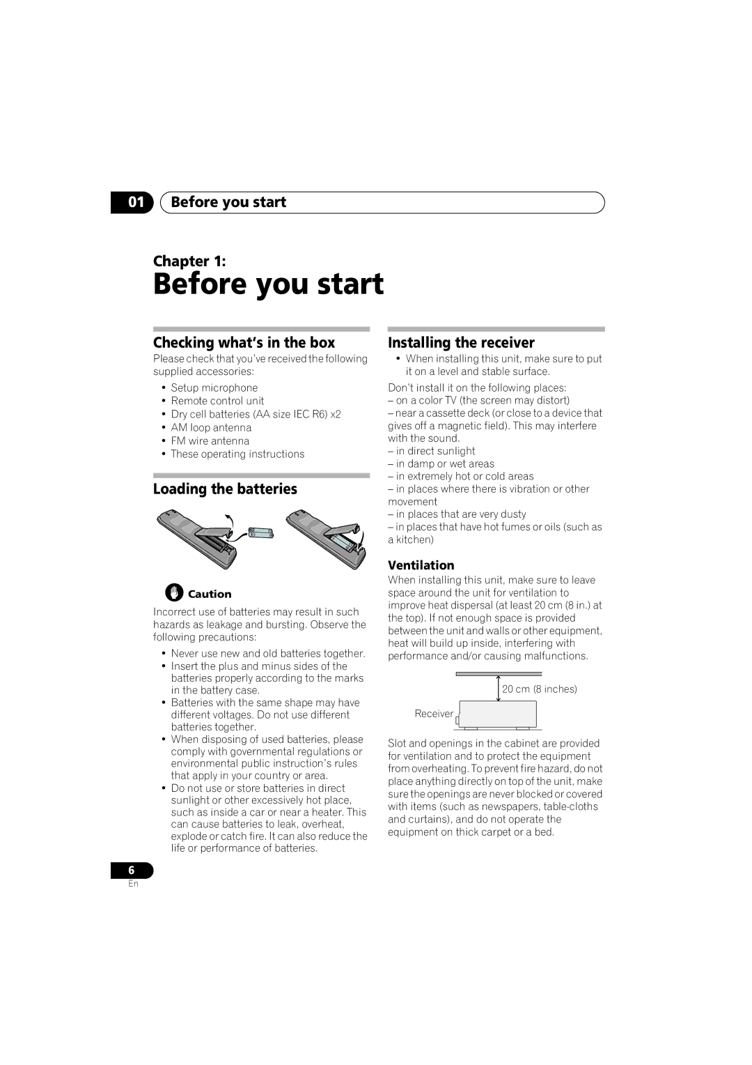 Pioneer VSX-918V, VSX-818V Before you start Chapter, Checking what’s in the box, Loading the batteries, Ventilation 