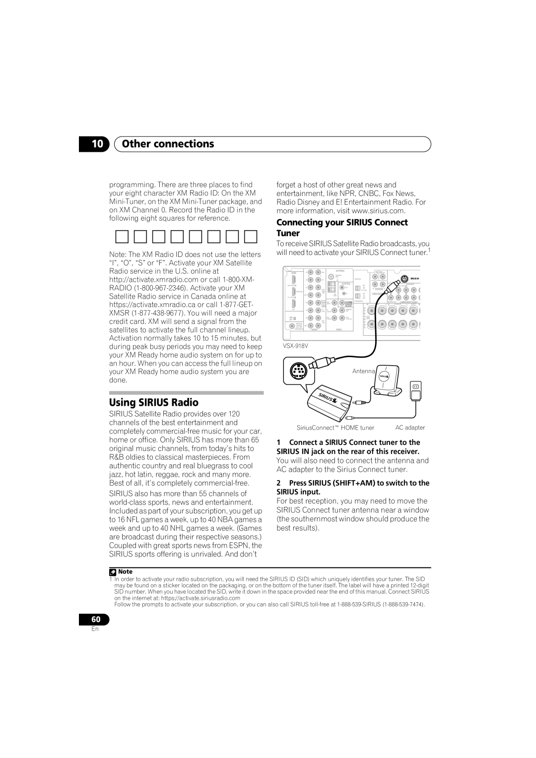 Pioneer VSX-918V, VSX-818V operating instructions Using Sirius Radio, Connecting your Sirius Connect Tuner 