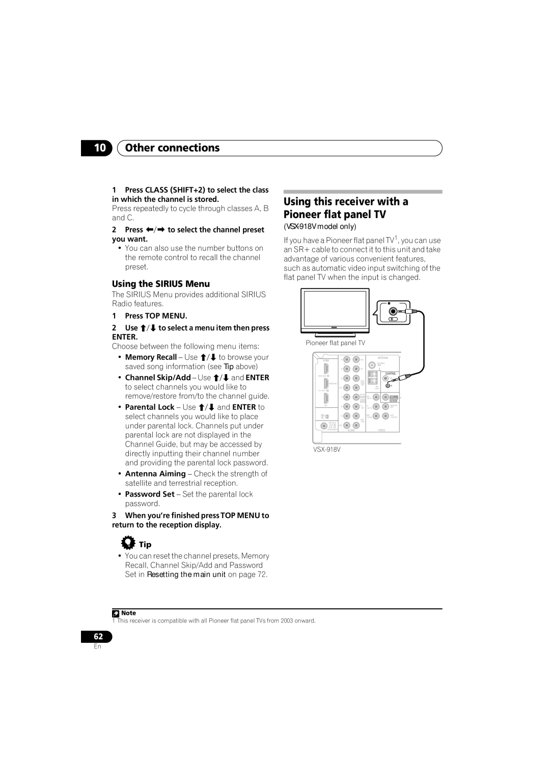 Pioneer VSX-918V, VSX-818V Using this receiver with a Pioneer flat panel TV, Using the Sirius Menu, Parental Lock Use 