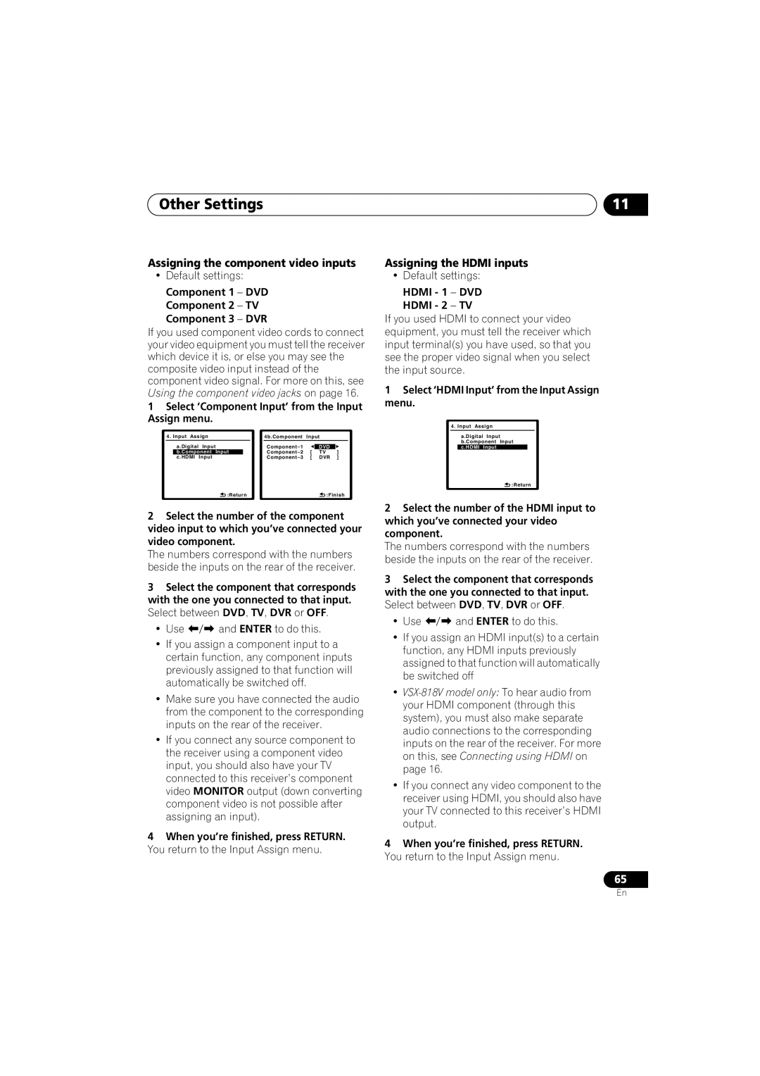 Pioneer VSX-818V, VSX-918V Other Settings, Assigning the component video inputs, Assigning the Hdmi inputs 