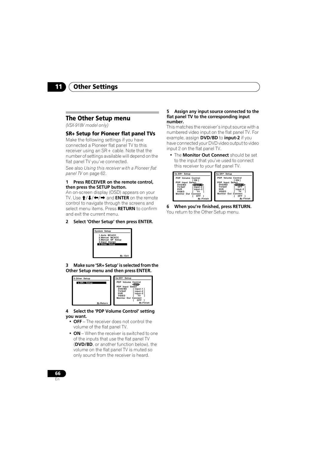 Pioneer VSX-918V, VSX-818V operating instructions Other Settings Other Setup menu, SR+ Setup for Pioneer flat panel TVs 