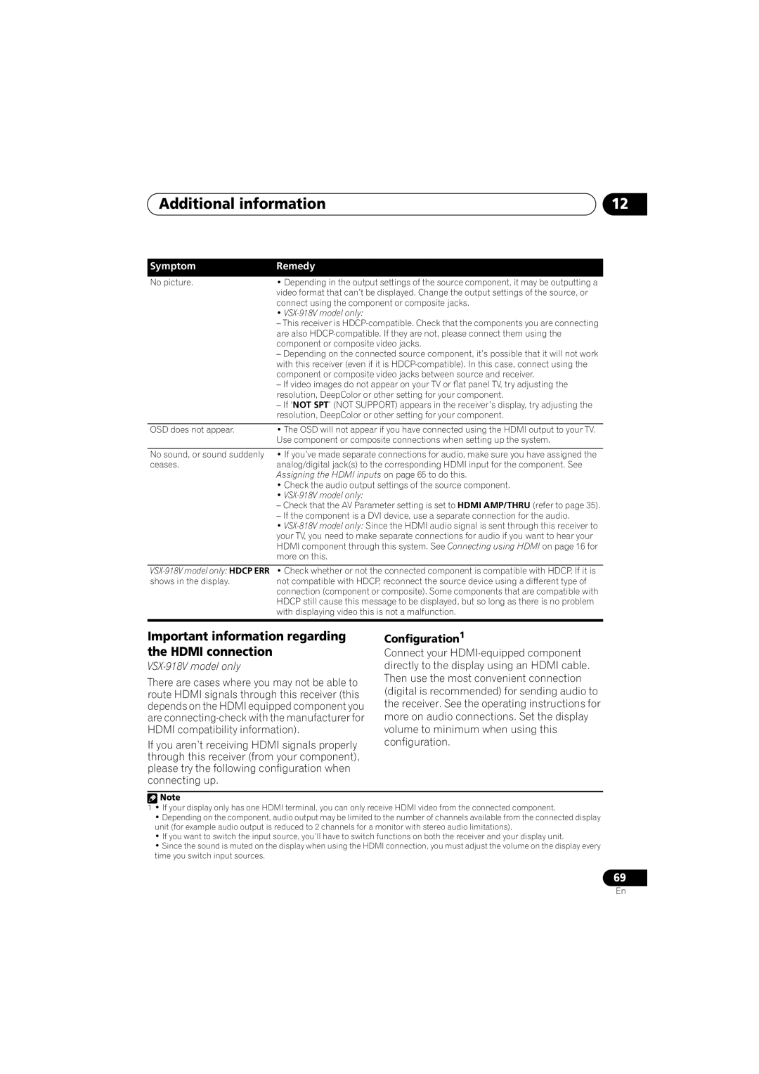 Pioneer VSX-818V, VSX-918V operating instructions Important information regarding the Hdmi connection, Configuration1 