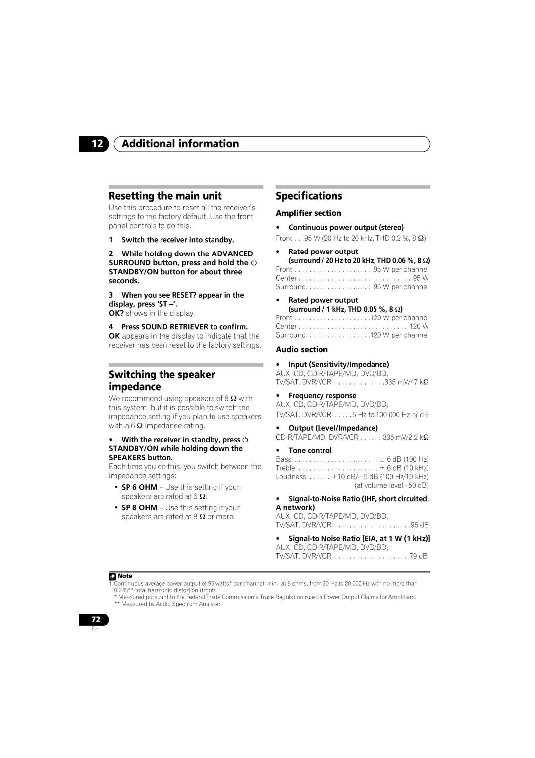 Pioneer VSX-918V, VSX-818V Additional information Resetting the main unit, Switching the speaker impedance, Specifications 