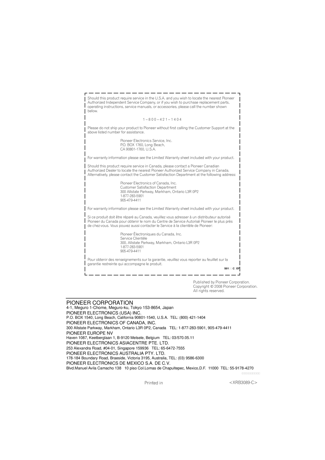 Pioneer VSX-918V, VSX-818V operating instructions Pioneer Corporation 