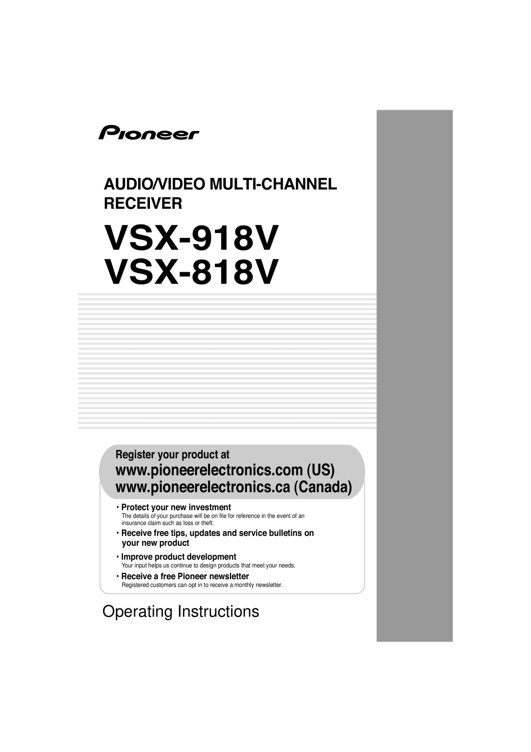 Pioneer operating instructions Protect your new investment, Improve product development, VSX-918V VSX-818V 