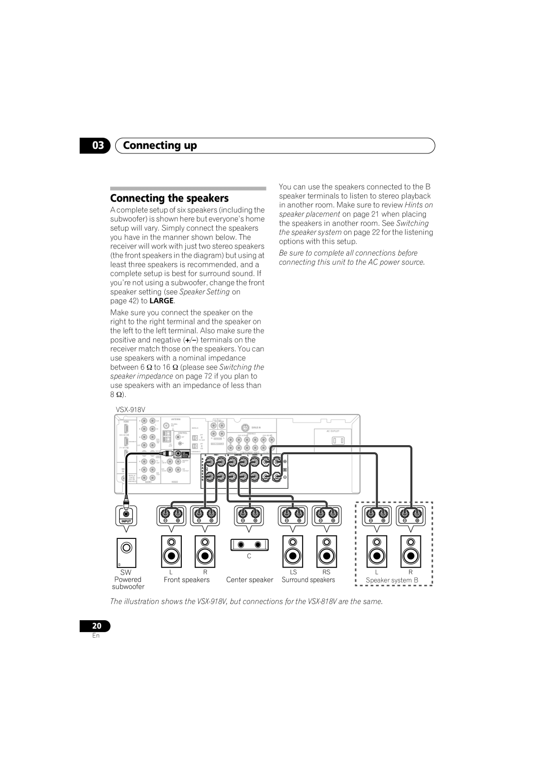 Pioneer VSX-918V, VSX-818V operating instructions Connecting up Connecting the speakers, Speaker system B 