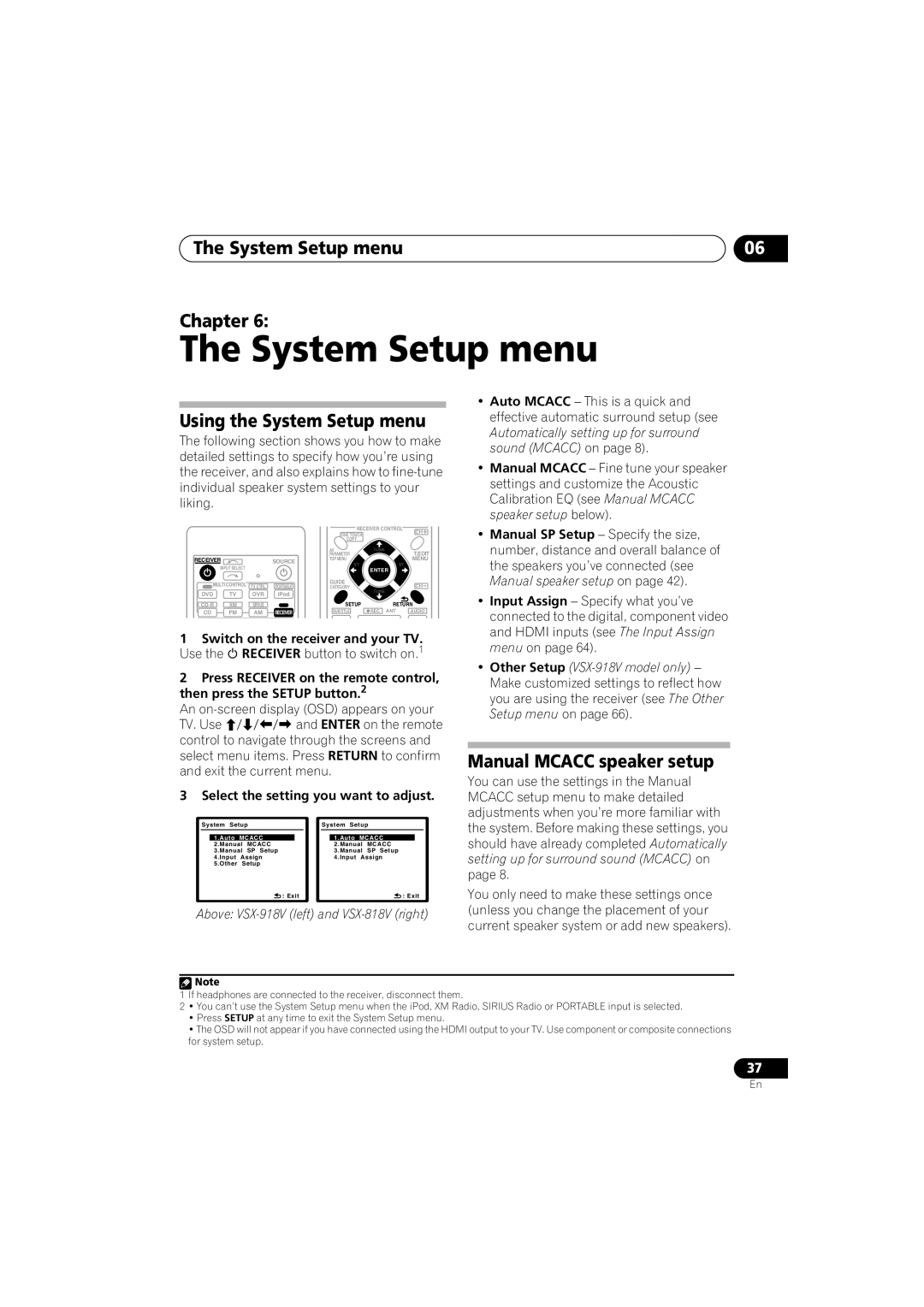 Pioneer VSX-818V The System Setup menu Chapter, Using the System Setup menu, Manual MCACC speaker setup, English 