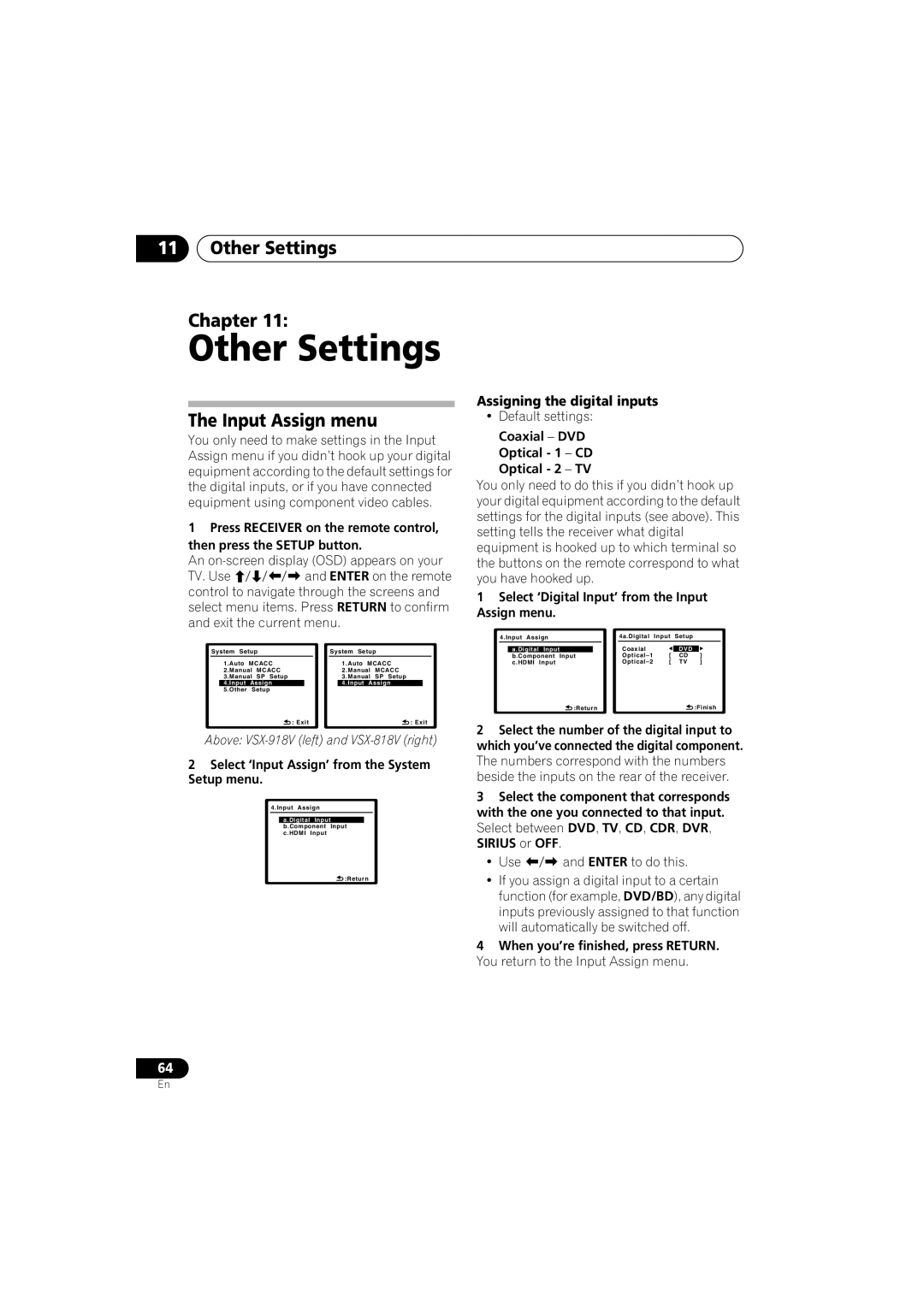 Pioneer VSX-918V, VSX-818V Other Settings Chapter, The Input Assign menu, Assigning the digital inputs 