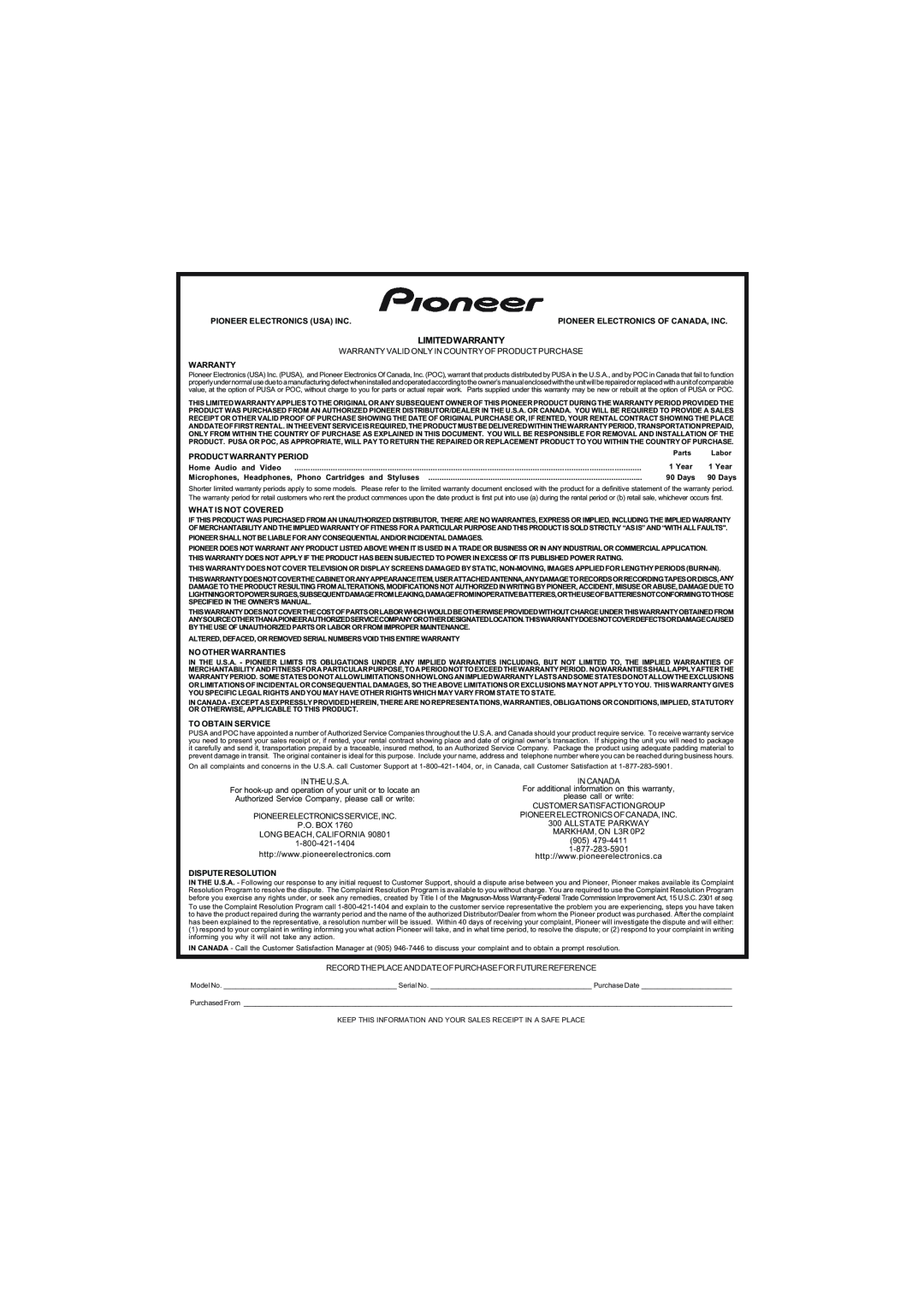 Pioneer VSX-818V, VSX-918V operating instructions Limitedwarranty, Recordtheplaceanddateofpurchaseforfuturereference 