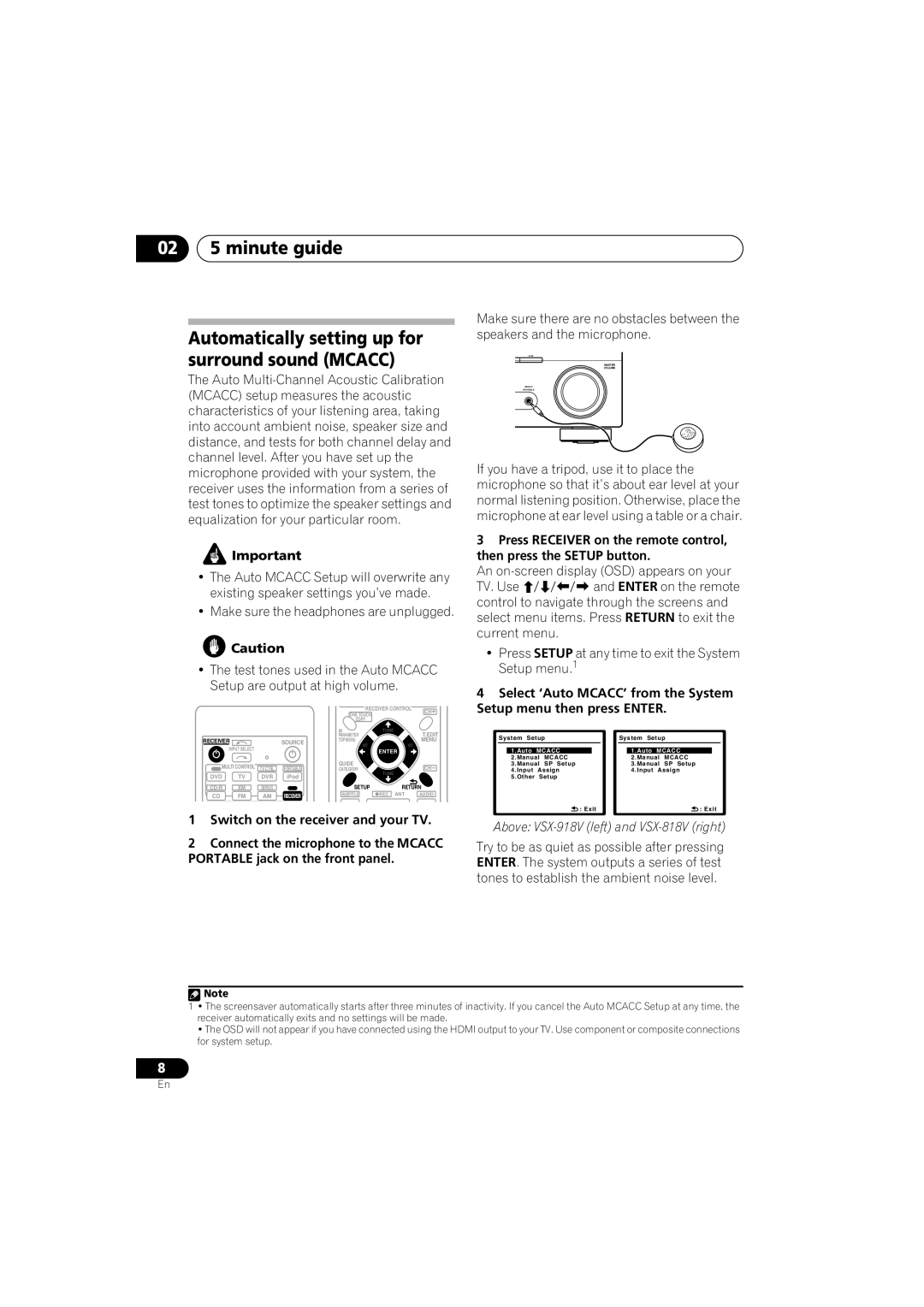 Pioneer VSX-918V, VSX-818V operating instructions 02 5 minute guide, Automatically setting up for surround sound MCACC 