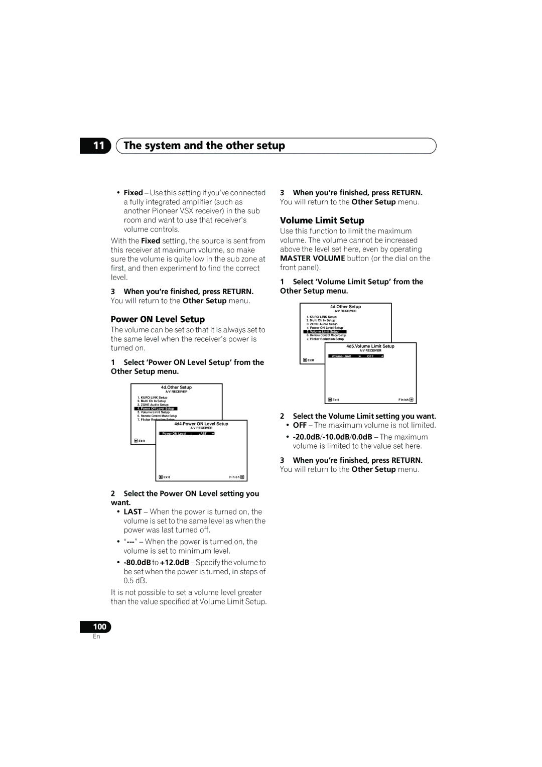 Pioneer VSX-919AH-K manual Power on Level Setup, Volume Limit Setup 