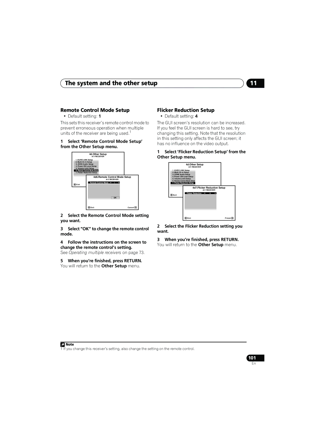 Pioneer VSX-919AH-K Remote Control Mode Setup, Flicker Reduction Setup, Select the Flicker Reduction setting you want 