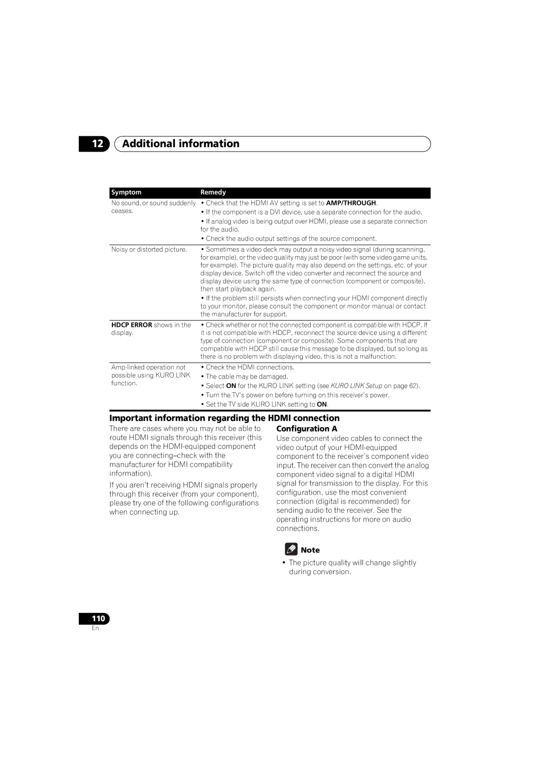 Pioneer VSX-919AH-K manual Important information regarding the Hdmi connection, Configuration a 