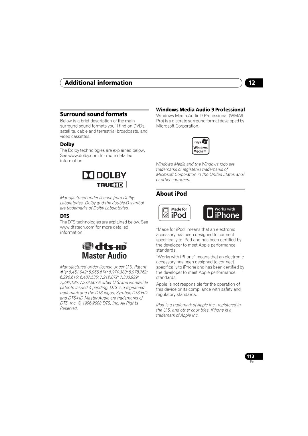 Pioneer VSX-919AH-K Additional information Surround sound formats, About iPod, Dolby Windows Media Audio 9 Professional 