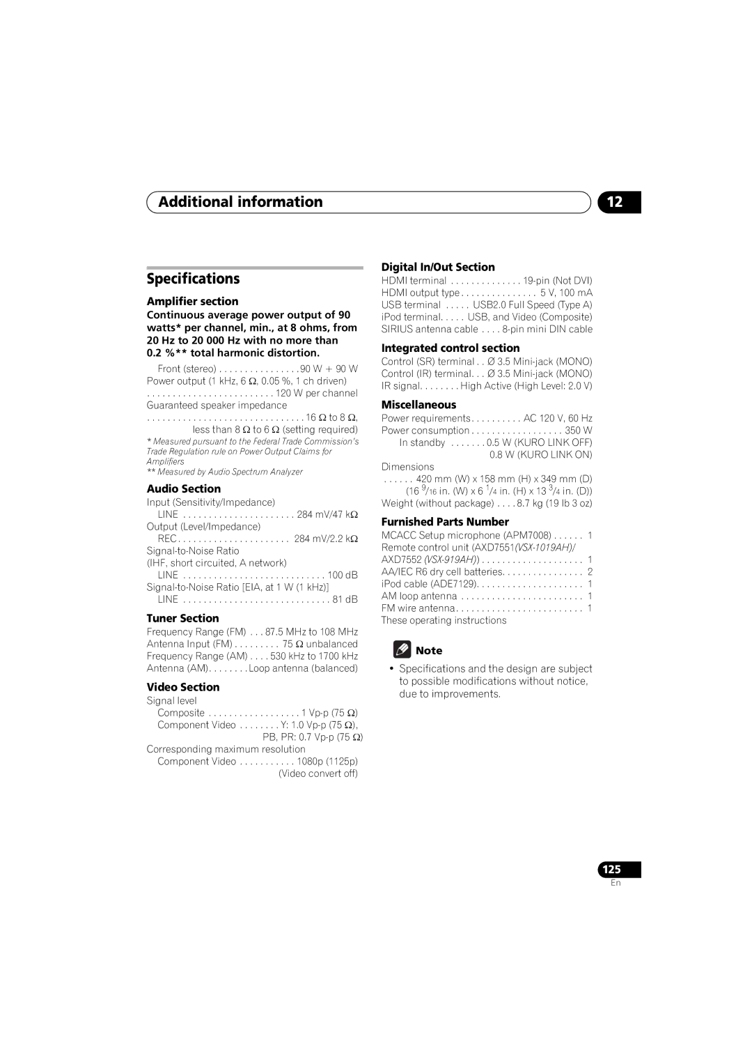 Pioneer VSX-919AH-K manual Additional information Specifications 