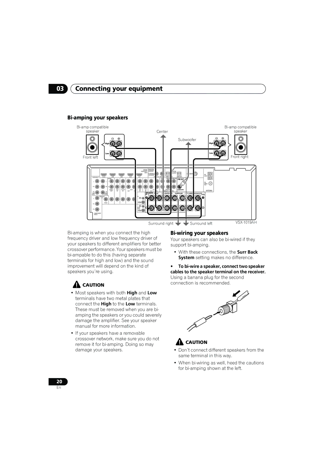 Pioneer VSX-919AH-K manual Bi-amping your speakers, Bi-wiring your speakers 